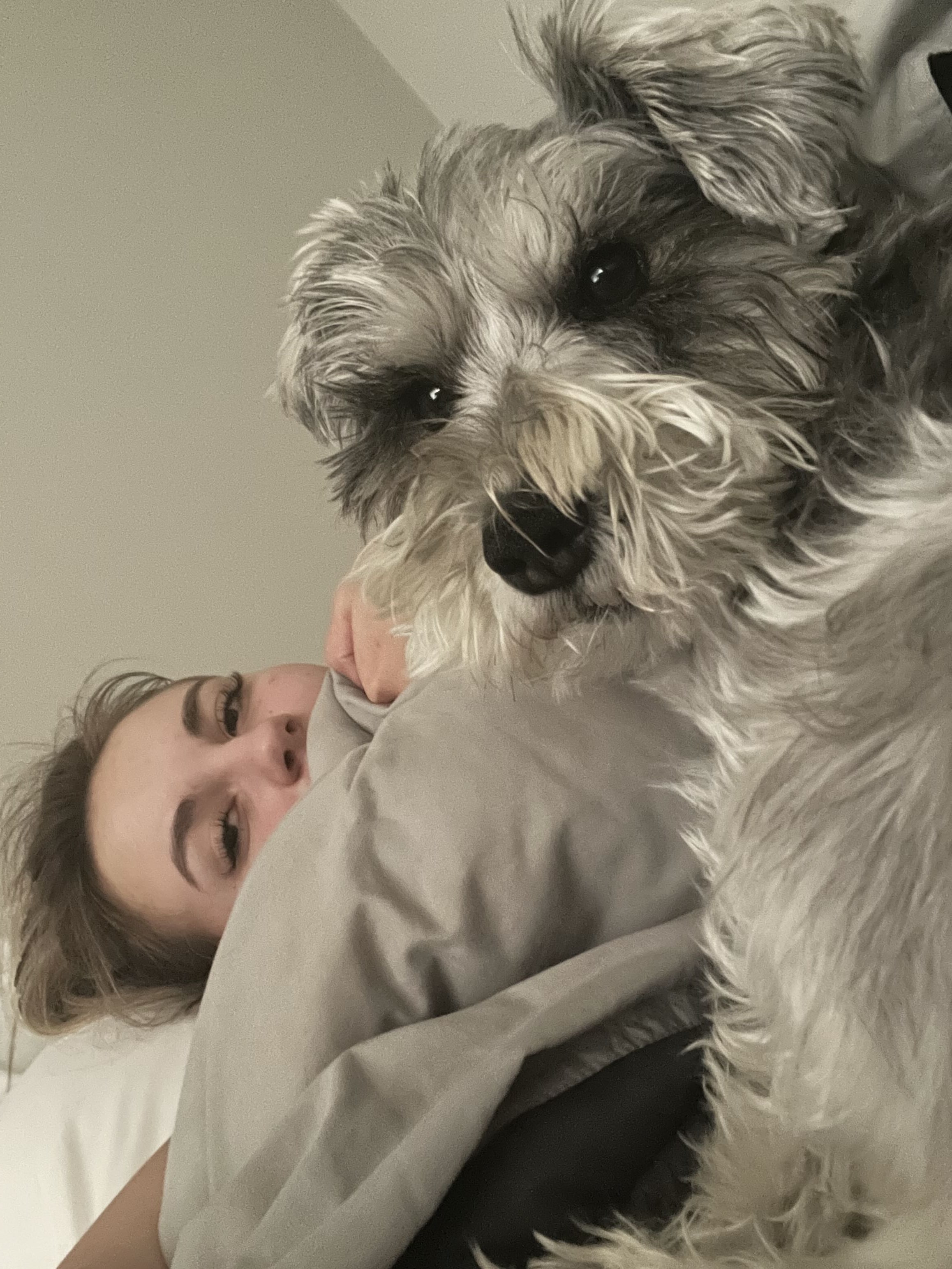 Samantha cuddling with a fluffy Yorkshire Terrier