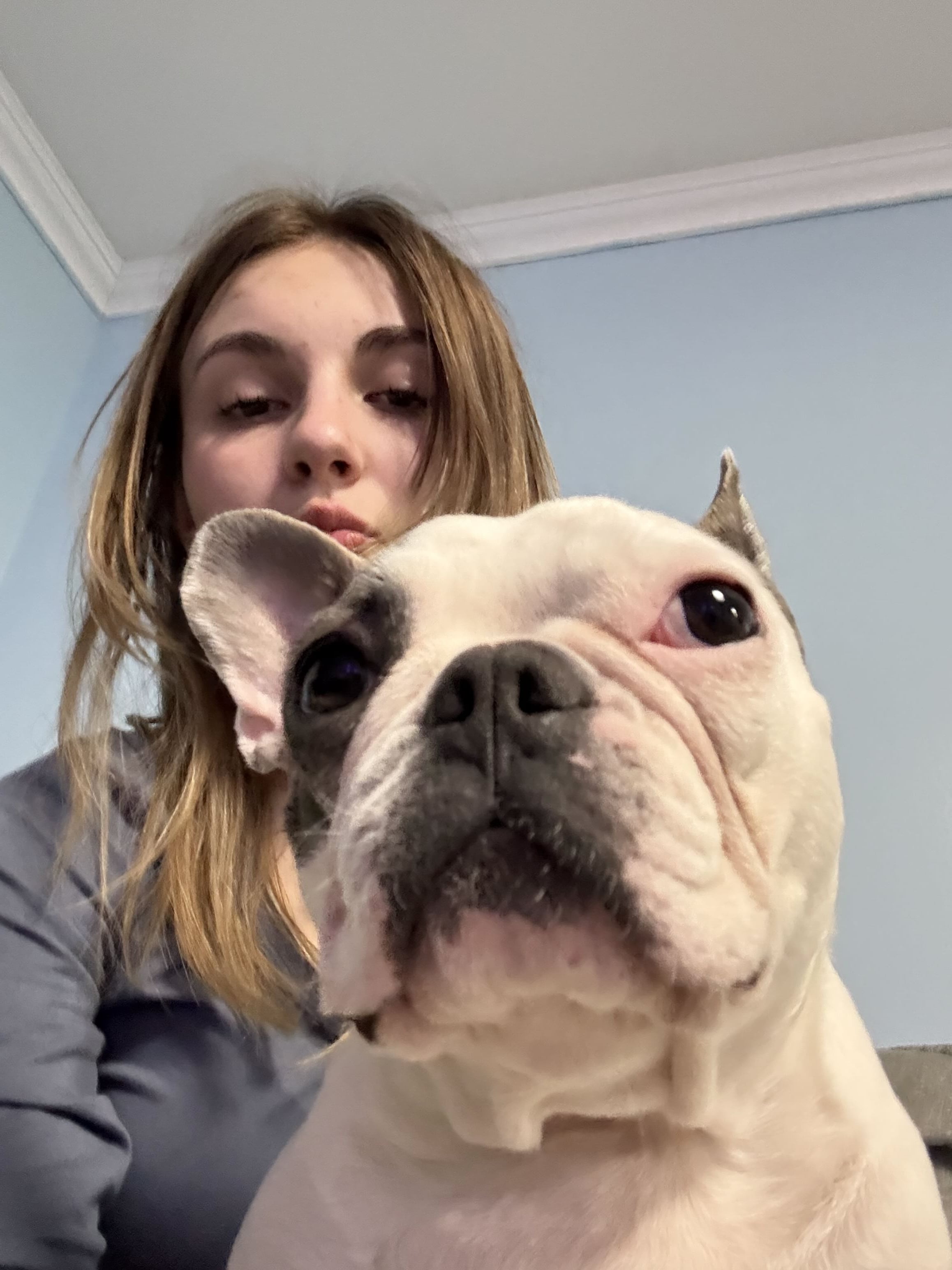 Samantha taking a selfie with a French Bulldog